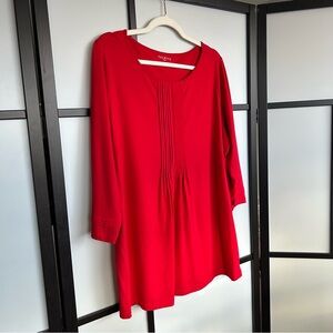 [1X] Talbots Cherry Red Quarter Sleeve Tunic Style Top With Pinch Pleat Detail